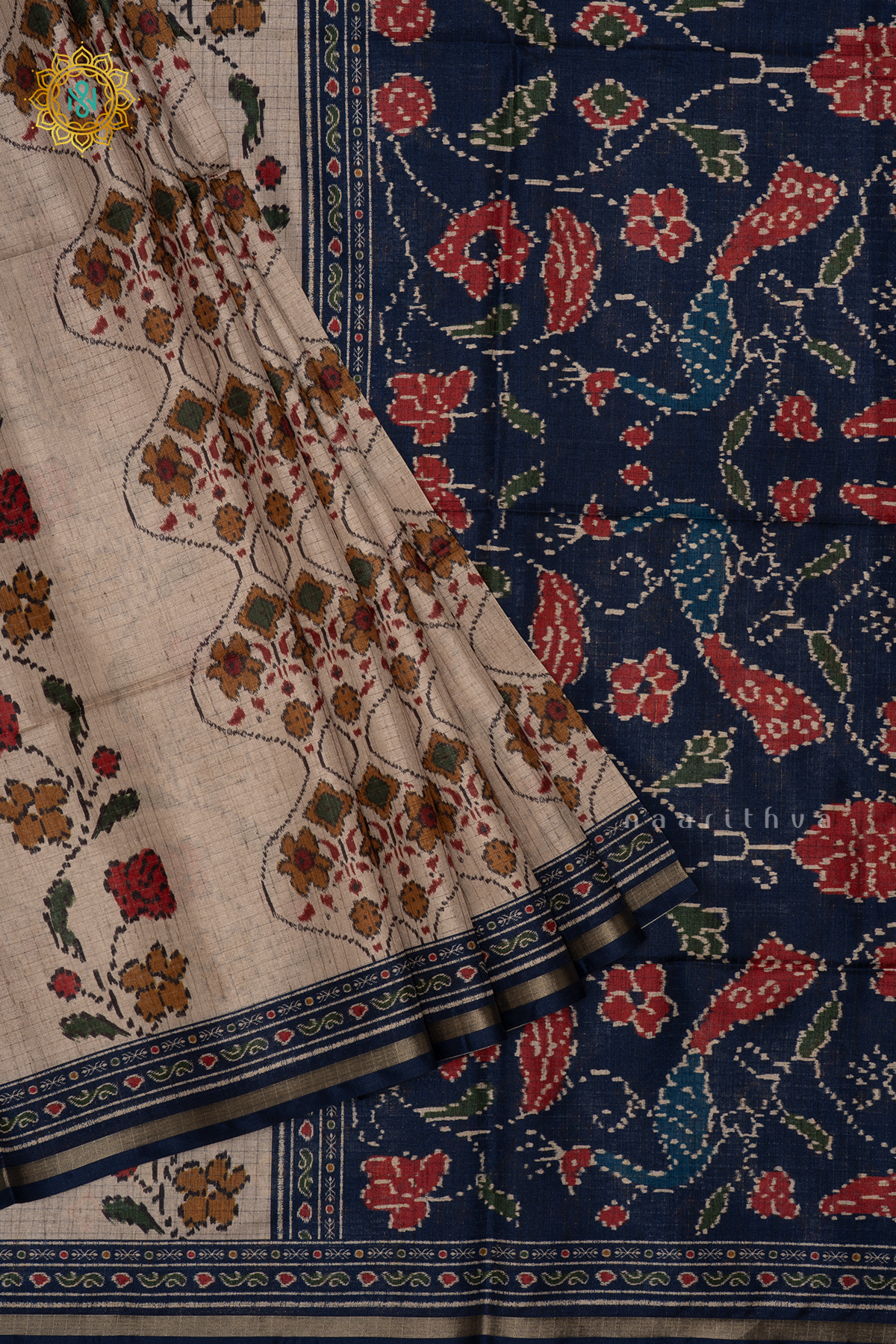 Off White With Blue Semi Tussar Silk Saree With Printed Body And Contrast Border