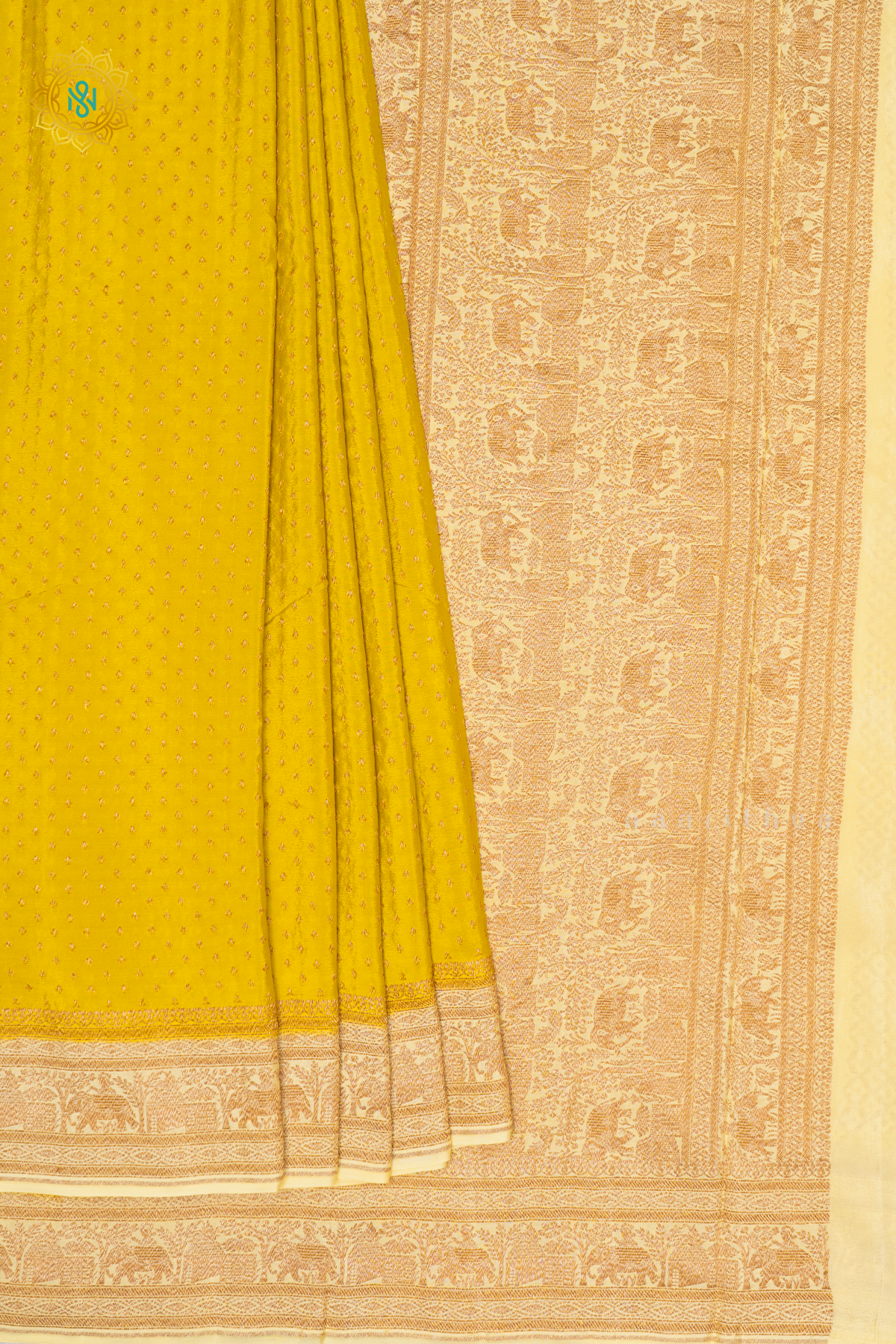 YELLOW WITH OFF WHITE - PURE BANRASI CREPE SILK