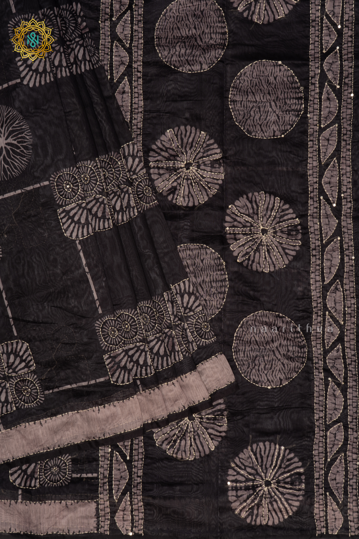 Black Chanderi Cotton Saree With Printed Body And Katha Work All Over