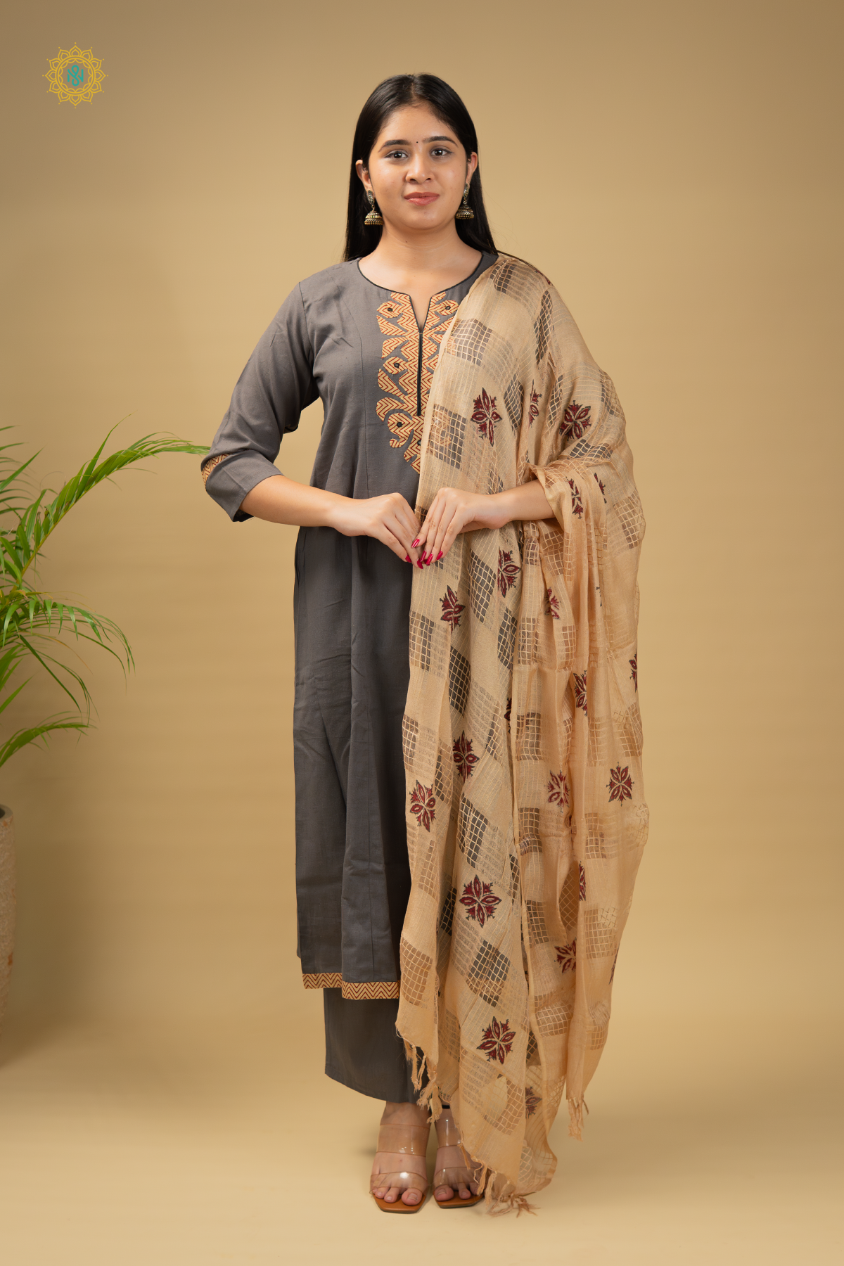 ELEPHANT GREY WITH BEIGE - COTTON 3PC SALWAR SUIT WITH TOP, BOTTOM & DUPATTA