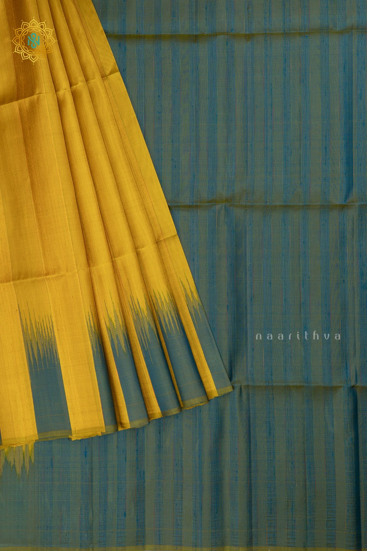 Yellow with Blue Pure Kanjivaram Soft Silk Saree With Plain Body And Contrast Temple Rising Border, Pallu