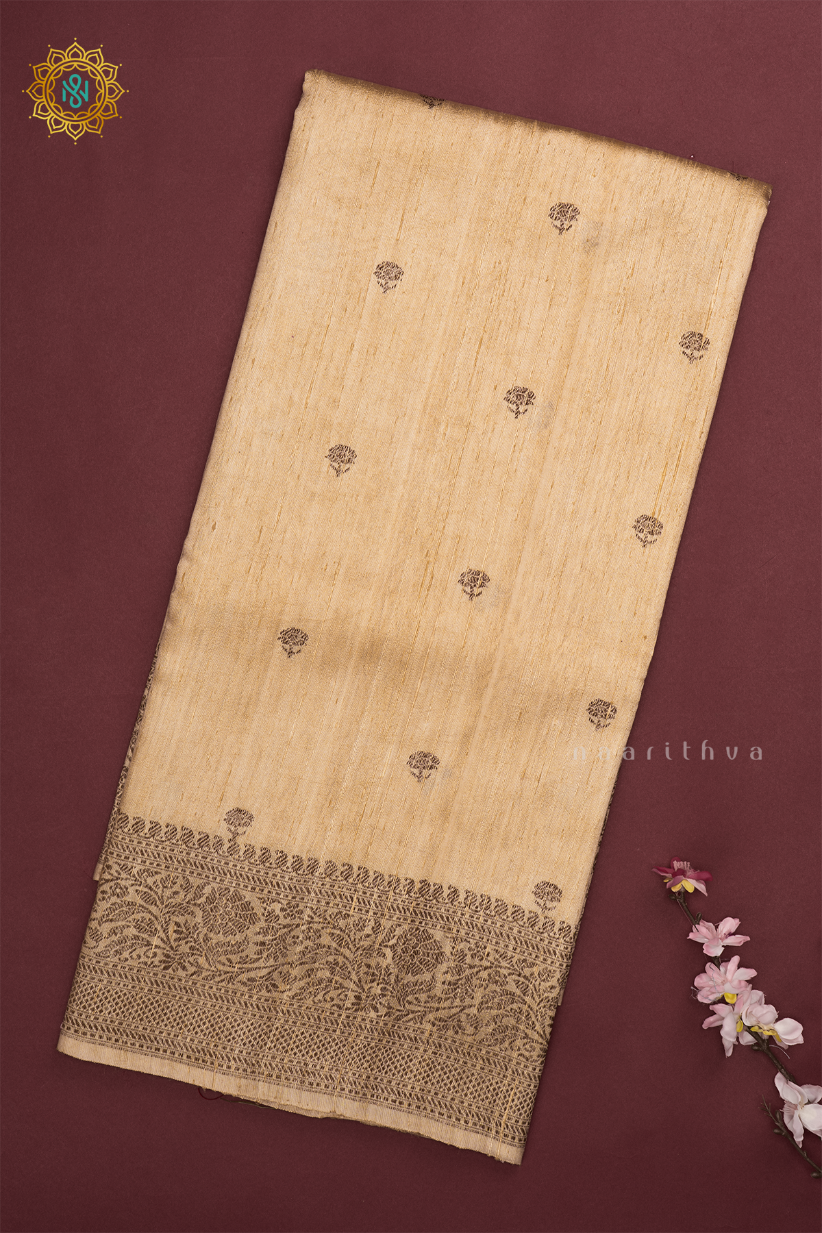 Off White with Red Pure Banarasi Raw Silk Saree With Allover Zari Buttas And Zari Border