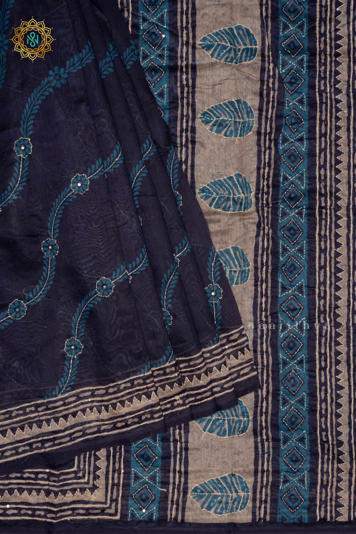 Indigo Chanderi Cotton Saree With Printed Body And Katha Work All Over