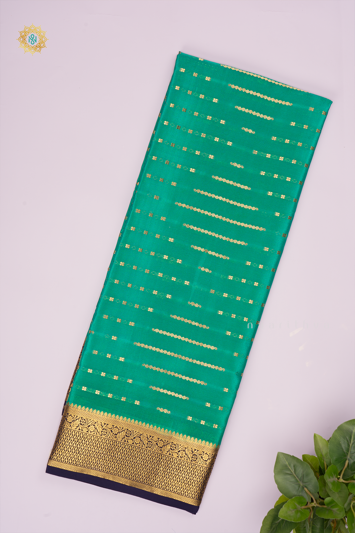 AQUA GREEN WITH NAVY BLUE - PURE MYSORE CREPE SILK