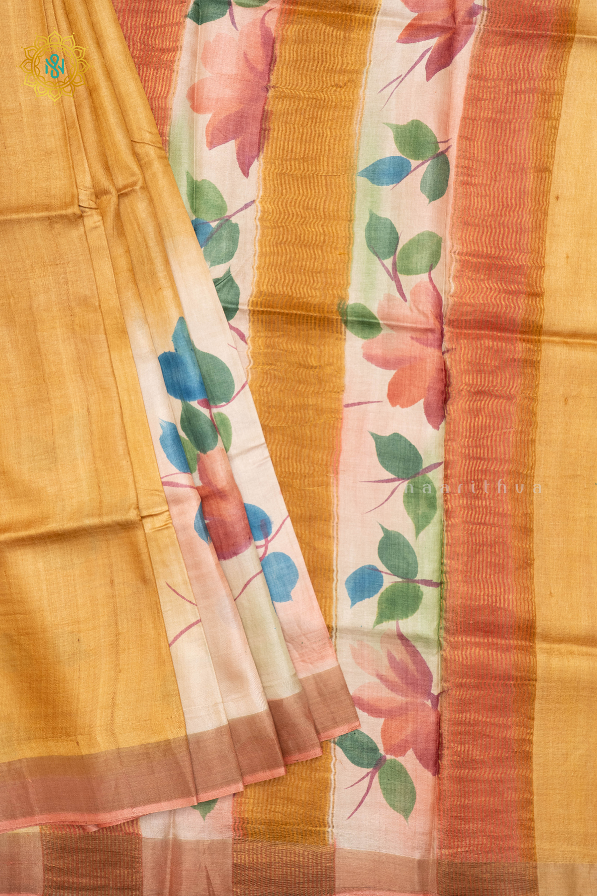 MUSTARD WITH PEACH - PURE TUSSAR SILK WITH HAND PAINTED