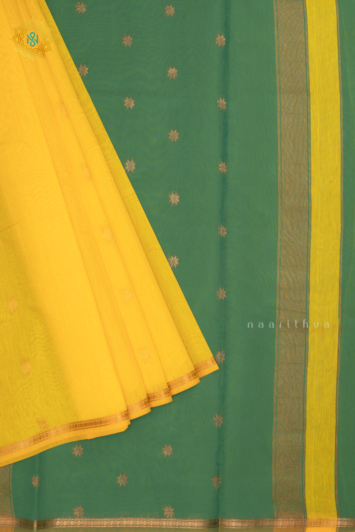Yellow With Green Silk Cotton Saree Allover Zari Woven Buttas With Contrast Zari Border