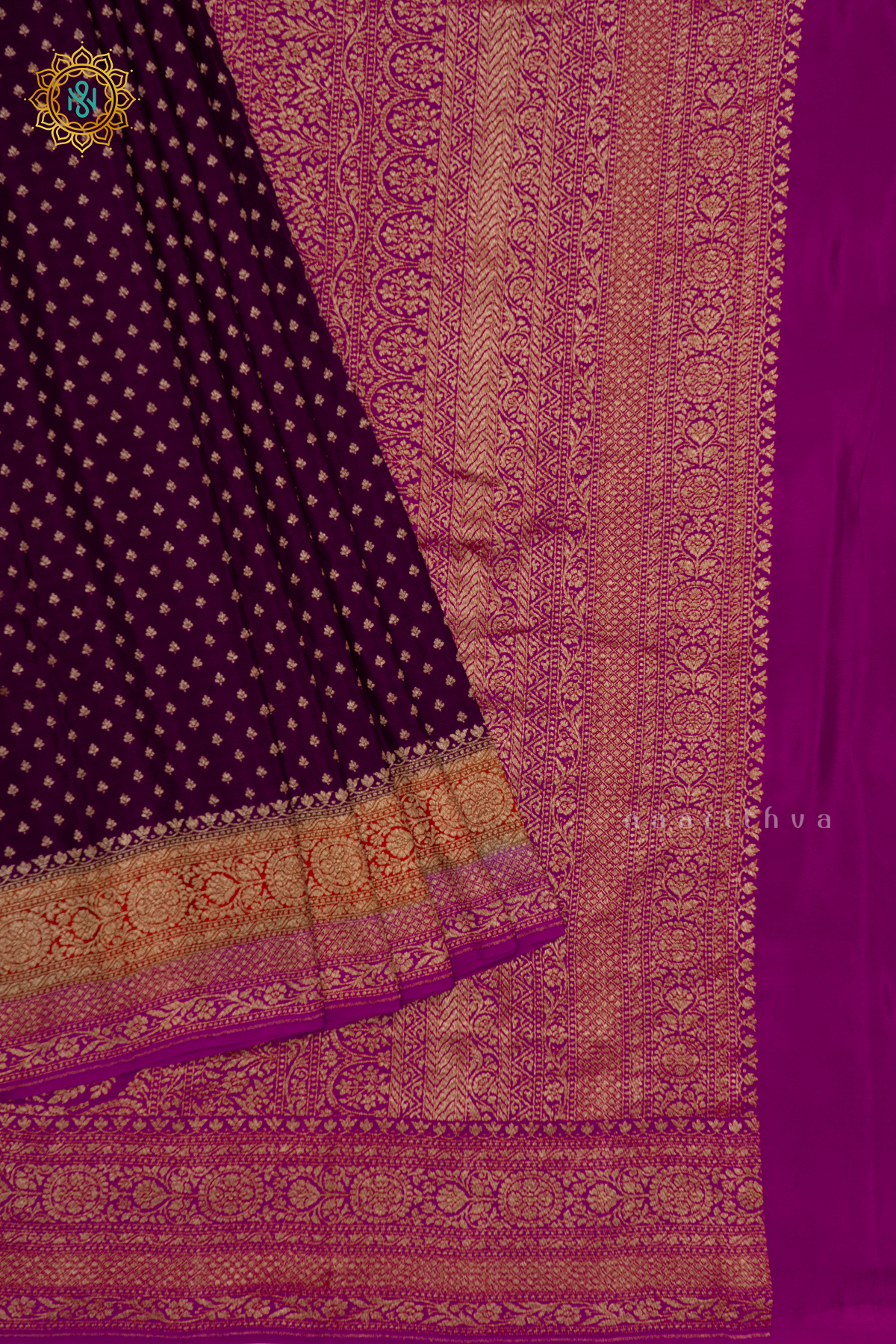 WINE WITH ORANGE & PINK - PURE BANARASI CREPE SILK