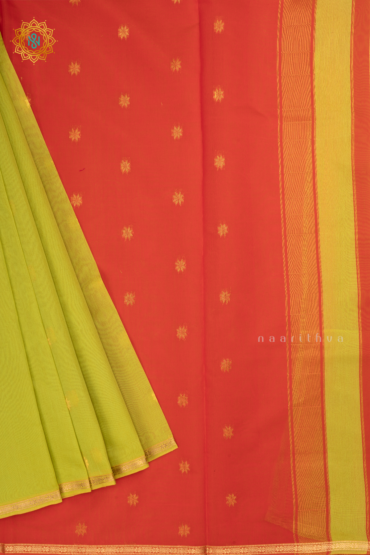 Green With Orange Silk Cotton Saree With Zari Woven Buttas And Contrast Zari Border