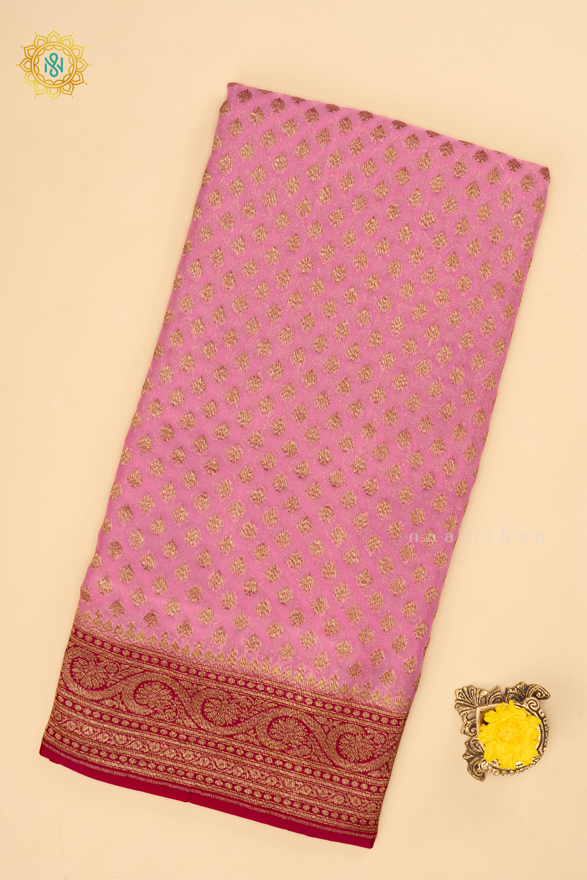 Light Pink With Magenta Pure Banarasi Khaddi Georgette Saree Allover Zari Woven Buttas And Contrast Zari Woven Border