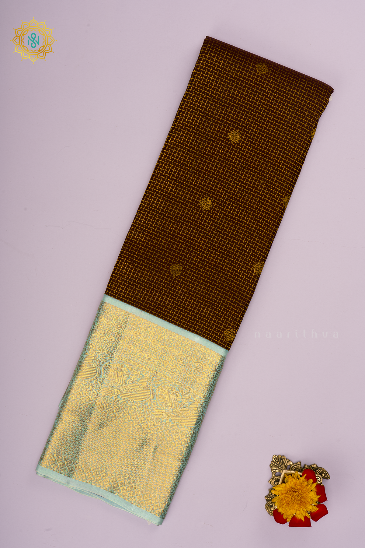 DARK BROWN WITH AQUA BLUE - PURE KANJIVARAM SILK