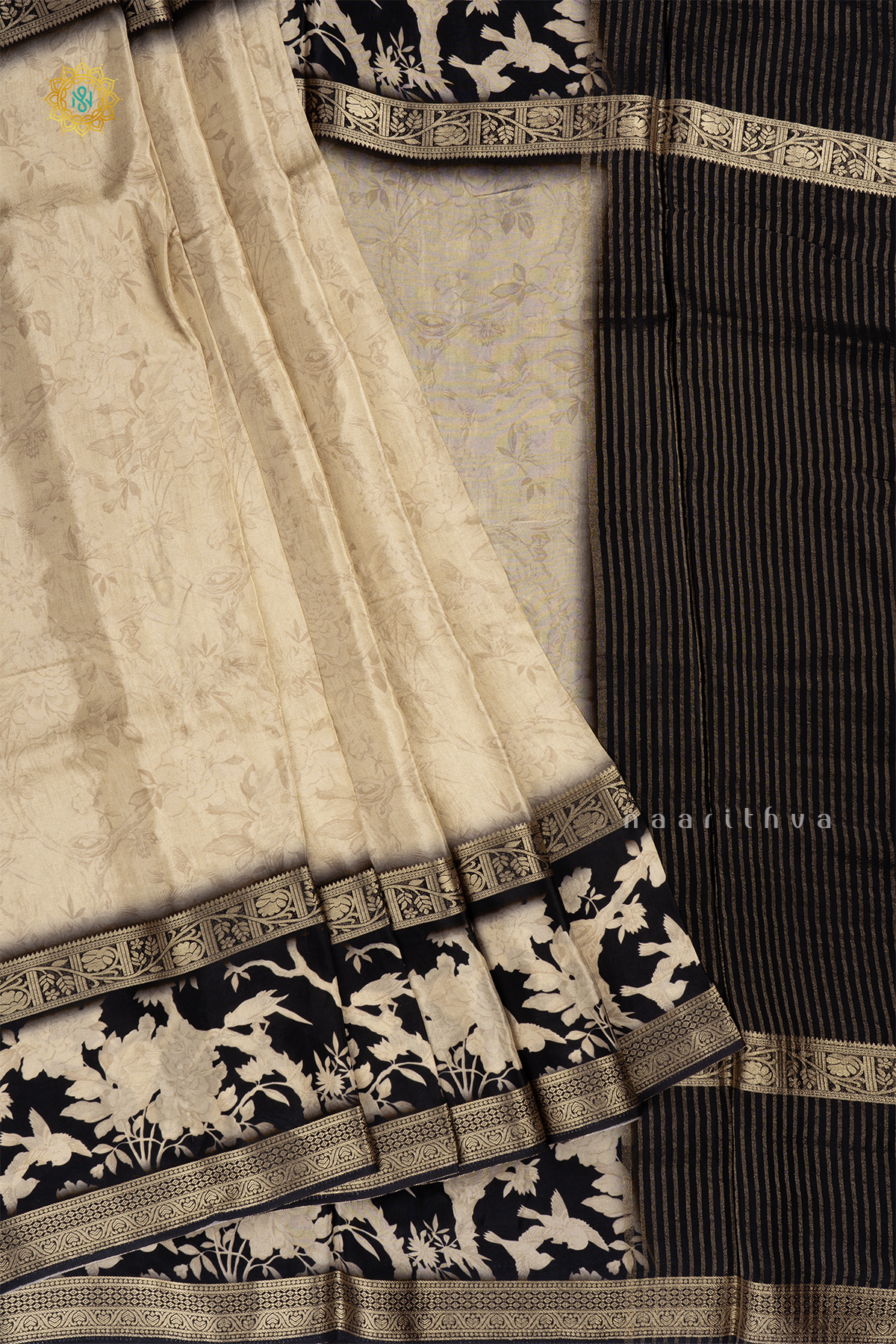 Off White With Black Printed Semi Crepe Silk Saree With Contrast Bentex Zari Border & Pallu