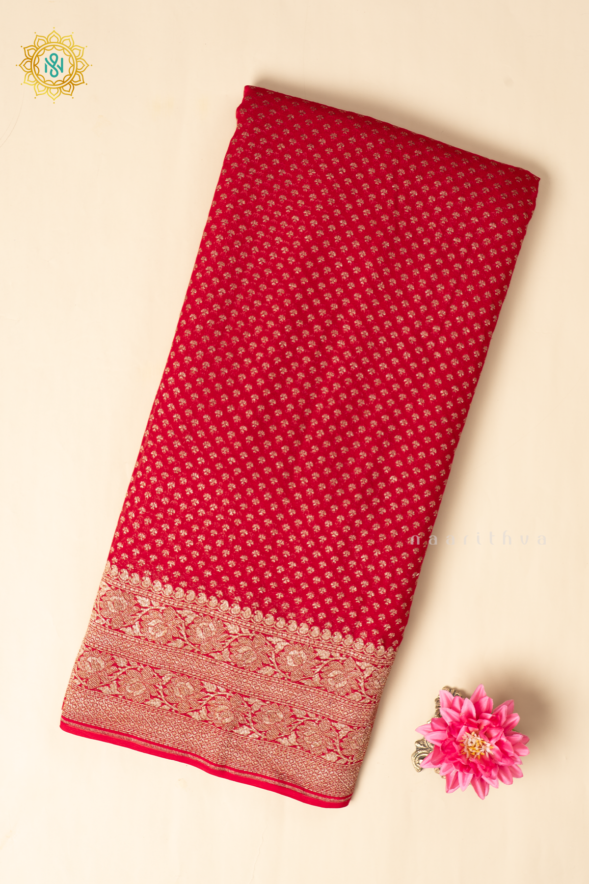 Red Pure Banarasi Khaddi Georgette Allover Antique Zari Buttas On The Body With Contrast Zari Border & Pallu