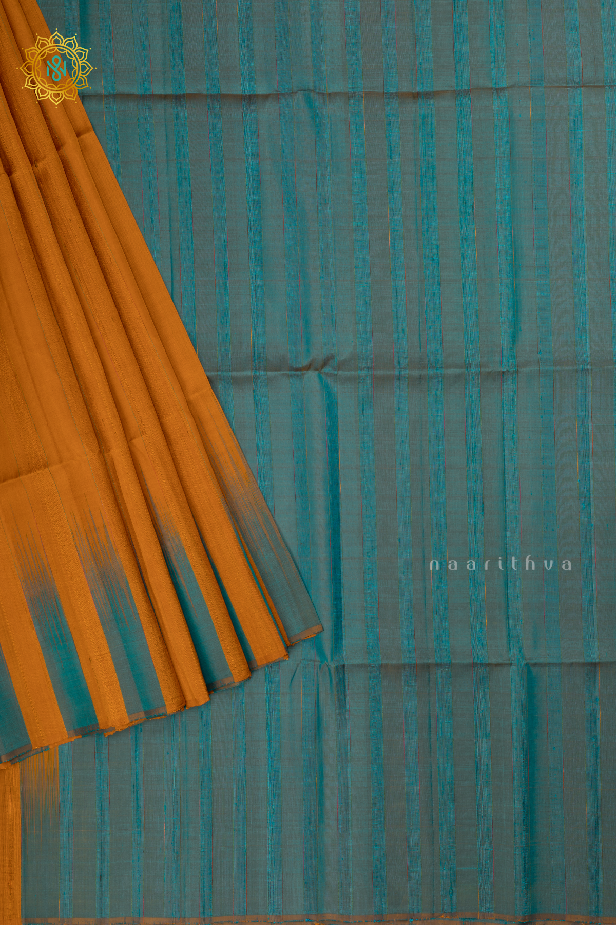 Orange with Blue Pure Kanjivaram Soft Silk Saree With Plain Body And Contrast Temple Rising Border, Pallu
