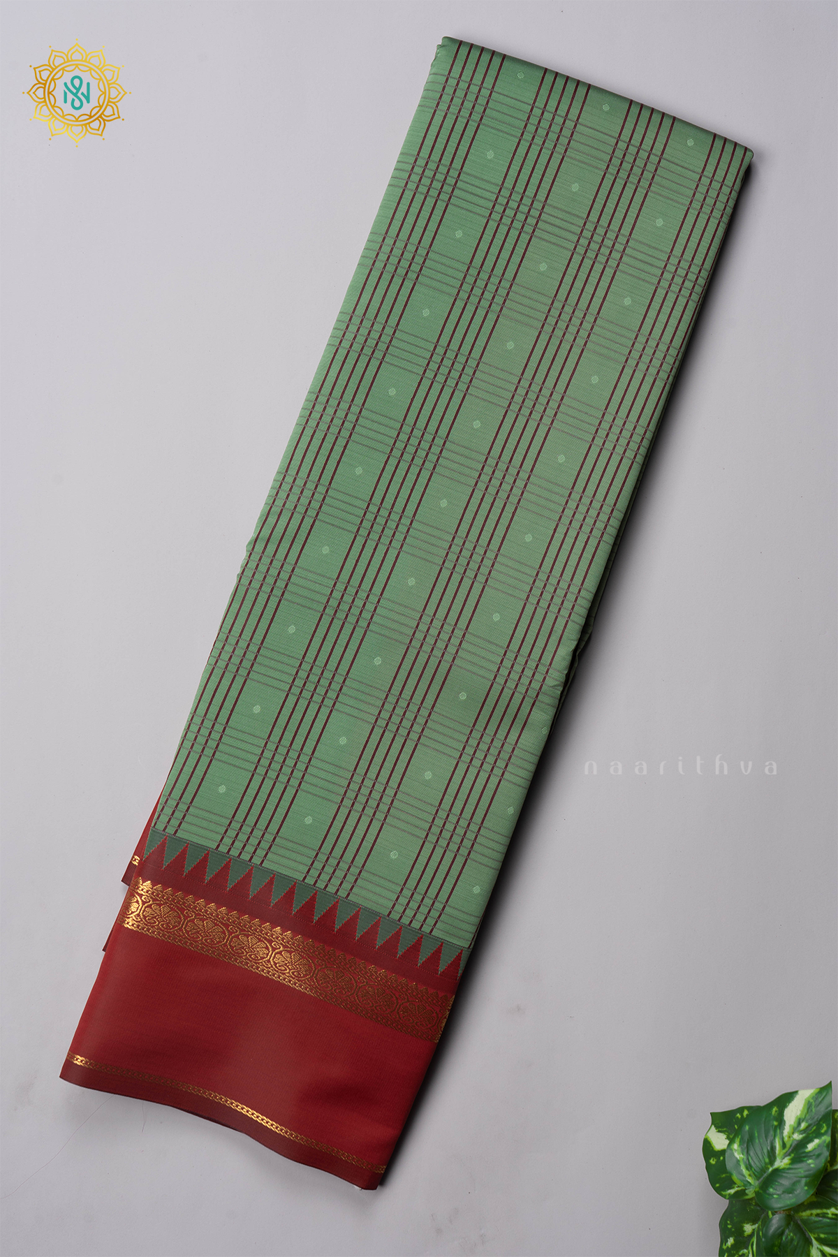 SAGE GREEN WITH RED - SEMI KANCHI