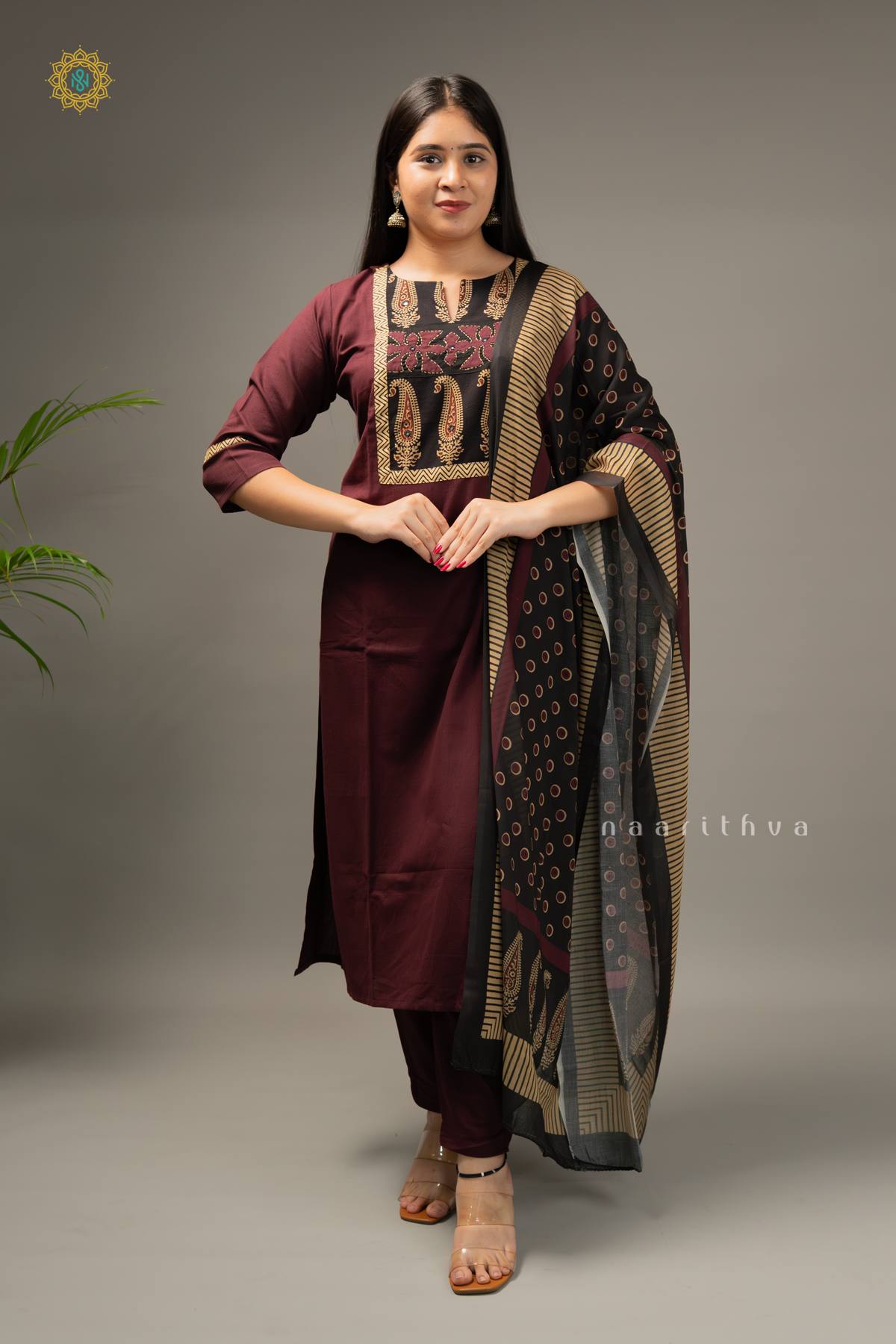 WINE WITH BLACK - COTTON 3PC SALWAR SUIT WITH TOP, BOTTOM & DUPATTA
