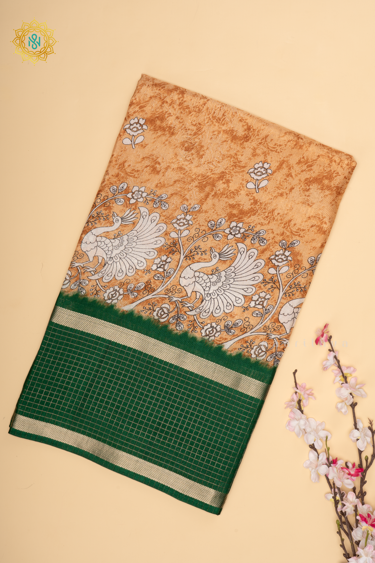 Light Brown With Green Dola Silk Saree With Printed Body And Contrast Zari Checks Border