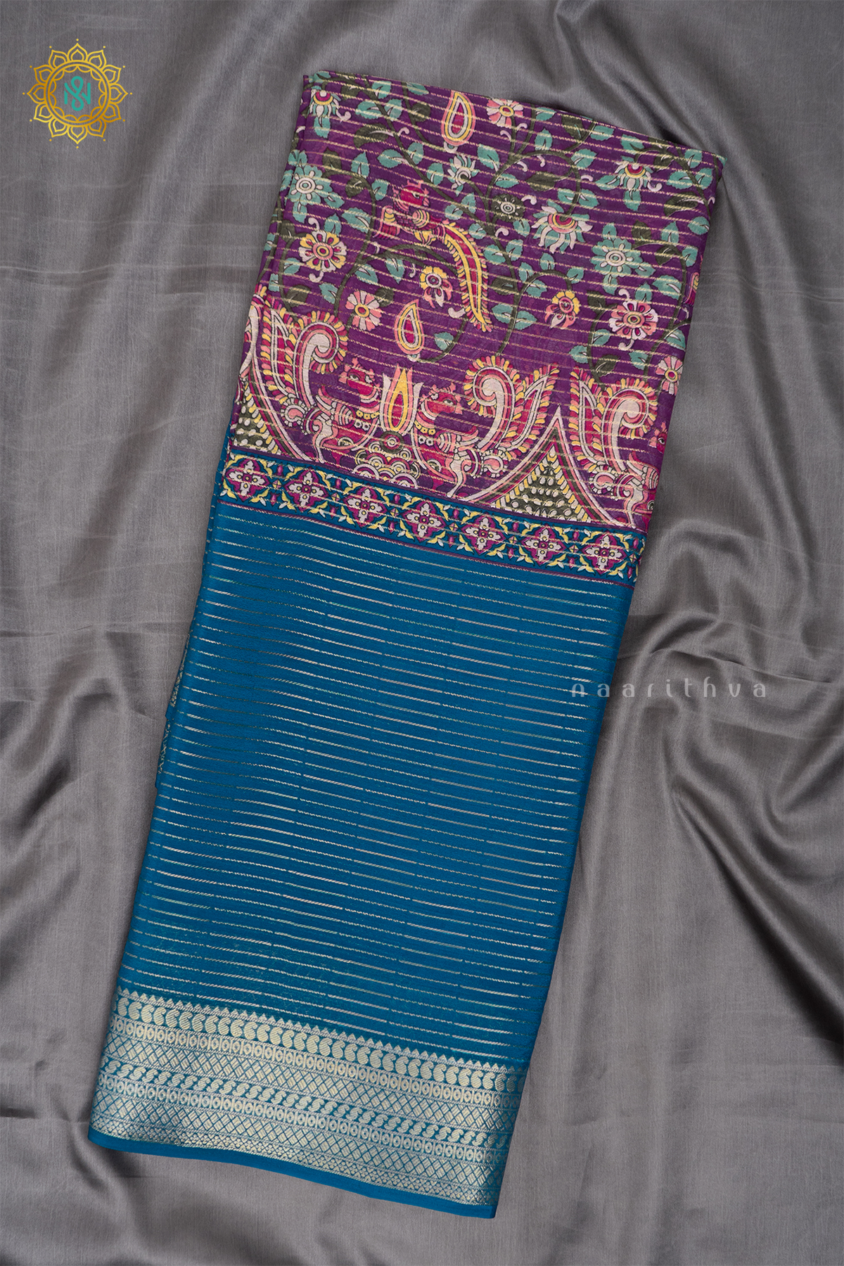 Sky Blue With Magenta Semi Georgette Saree With Printed Body And Contrast Zari Border