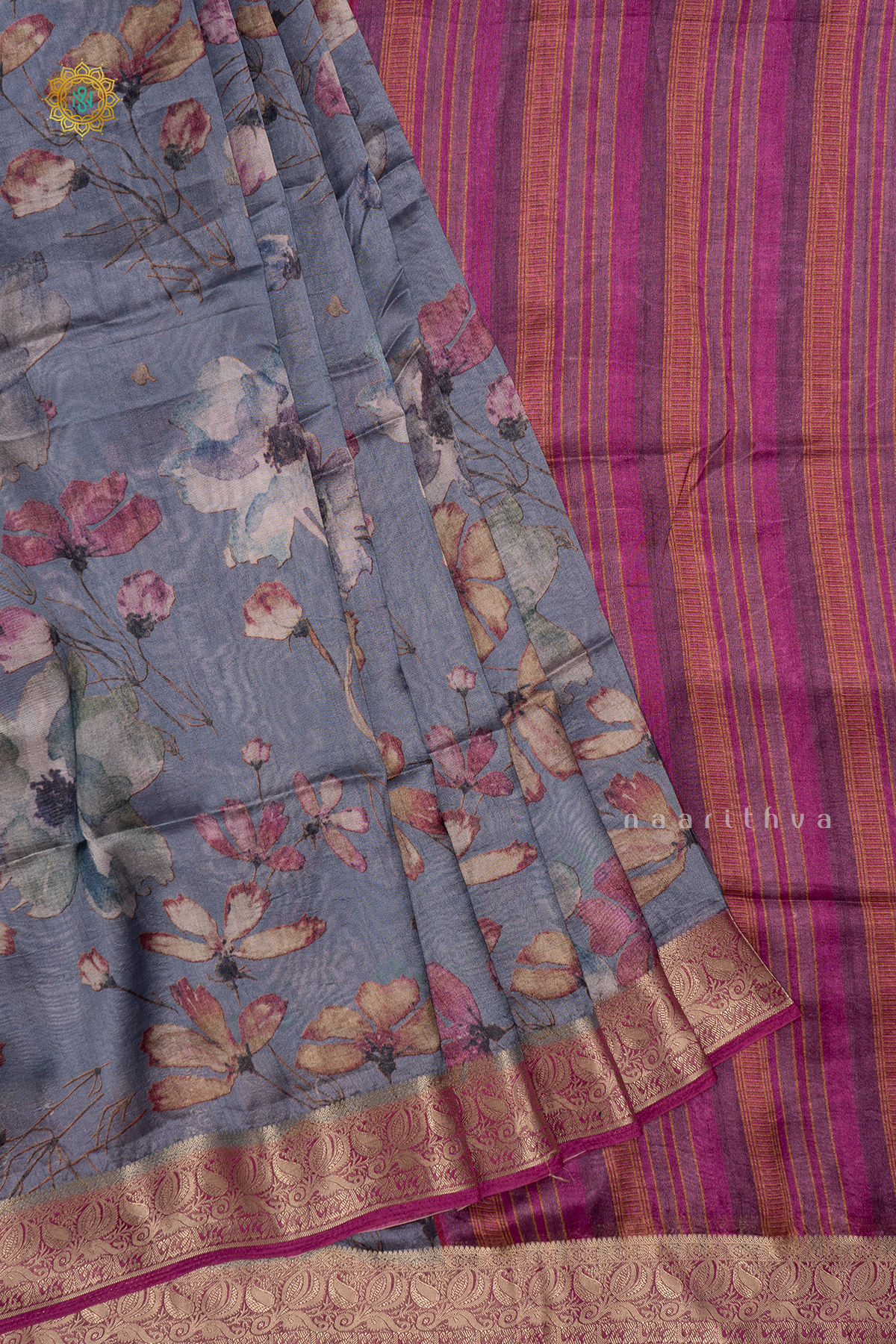 Elephant Grey With Magenta Organza Crepe Saree With Printed Body And Zari Border