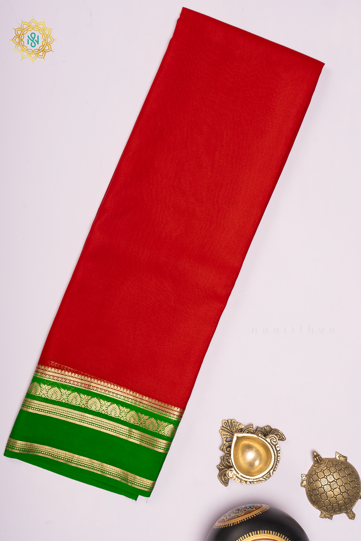 RED WITH GREEN - PURE MYSORE CREPE SILK