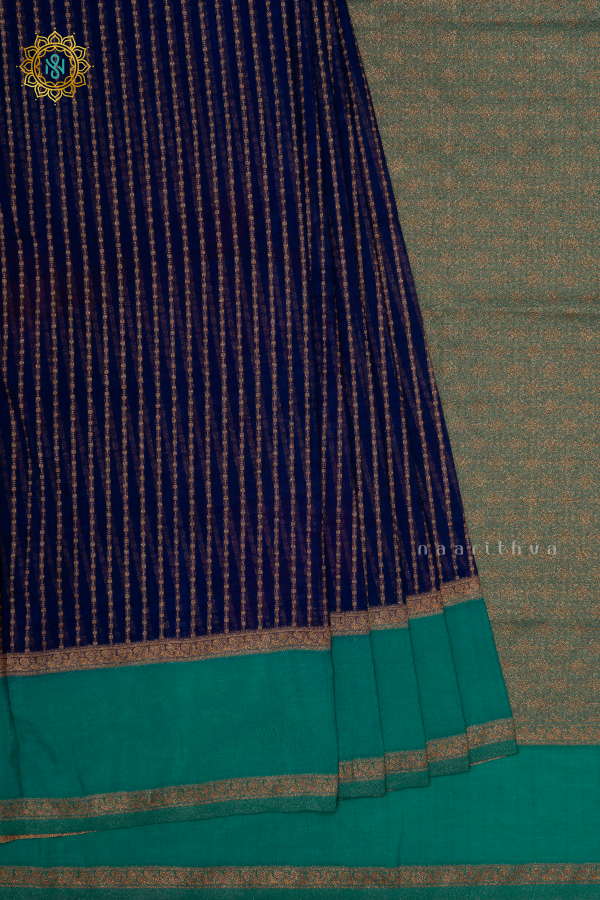 NAVY BLUE WITH AQUA GREEN - SEMI CREPE GEORGETTE