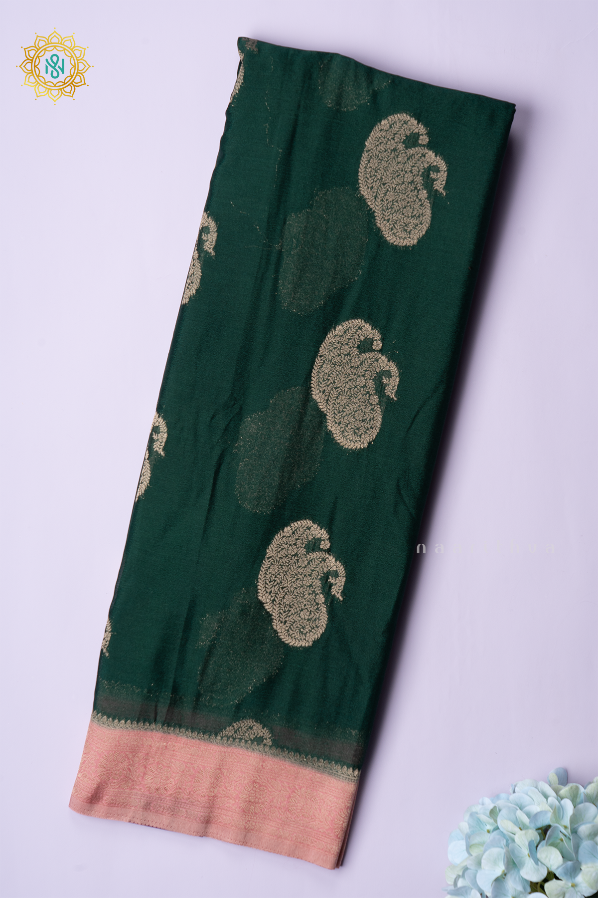 BOTTLE GREEN WITH PEACH - SEMI CREPE GEORGETTE