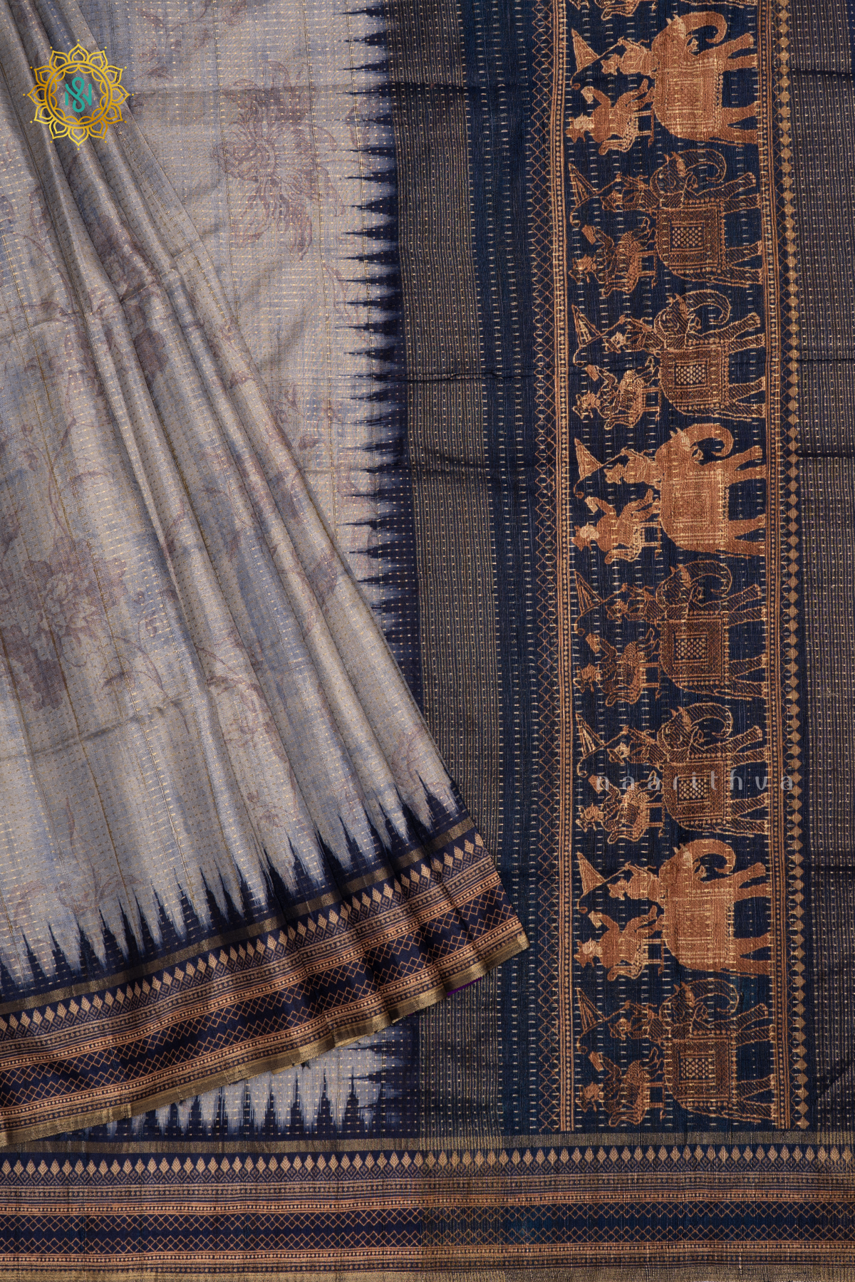 Light Blue With Dark Blue Semi Tussar Silk Saree With Printed Body, Zari Stripes And Printed Border