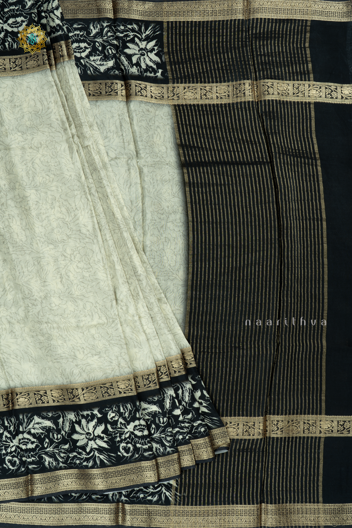 Off White With Black Printed Semi Crepe Silk Saree With Contrast Bentex Zari Border & Pallu
