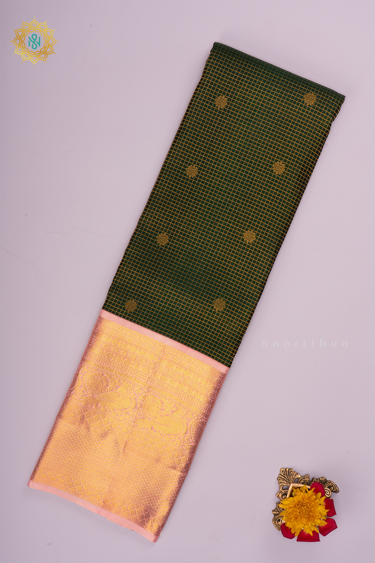 DUAL SHADE PEACOCK GREEN WITH PEACHISH PINK - PURE KANJIVARAM SILK