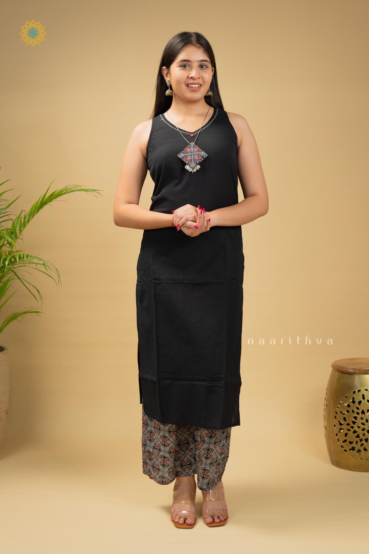 BLACK - COTTON 2PC SLEEVLESS SALWAR SUIT WITH TOP & BOTTOM