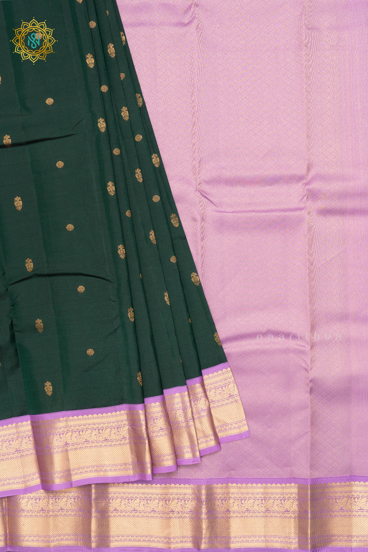 BOTTLE GREEN WITH LAVENDER - KANJIVARAM PURE MIX