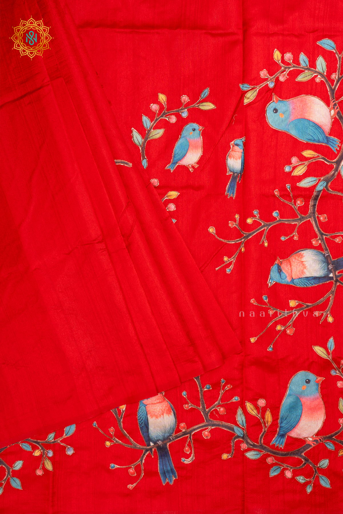 Red Semi Tussar Silk Saree With Applique Work And Dual Blouse