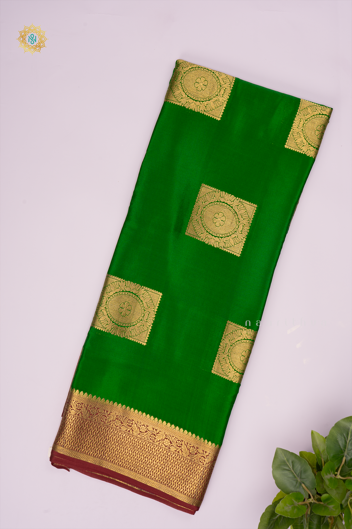 GREEN WITH MAROON - PURE MYSORE CREPE SILK