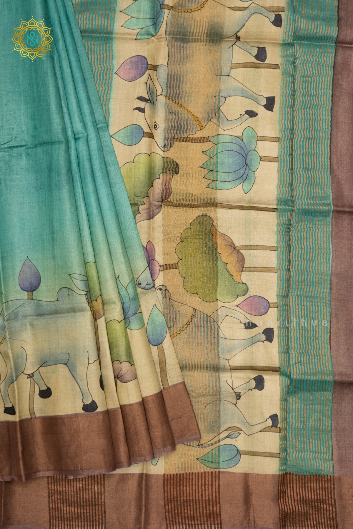 AQUA BLUE WITH PISTA GREEN - PURE TUSSAR SILK