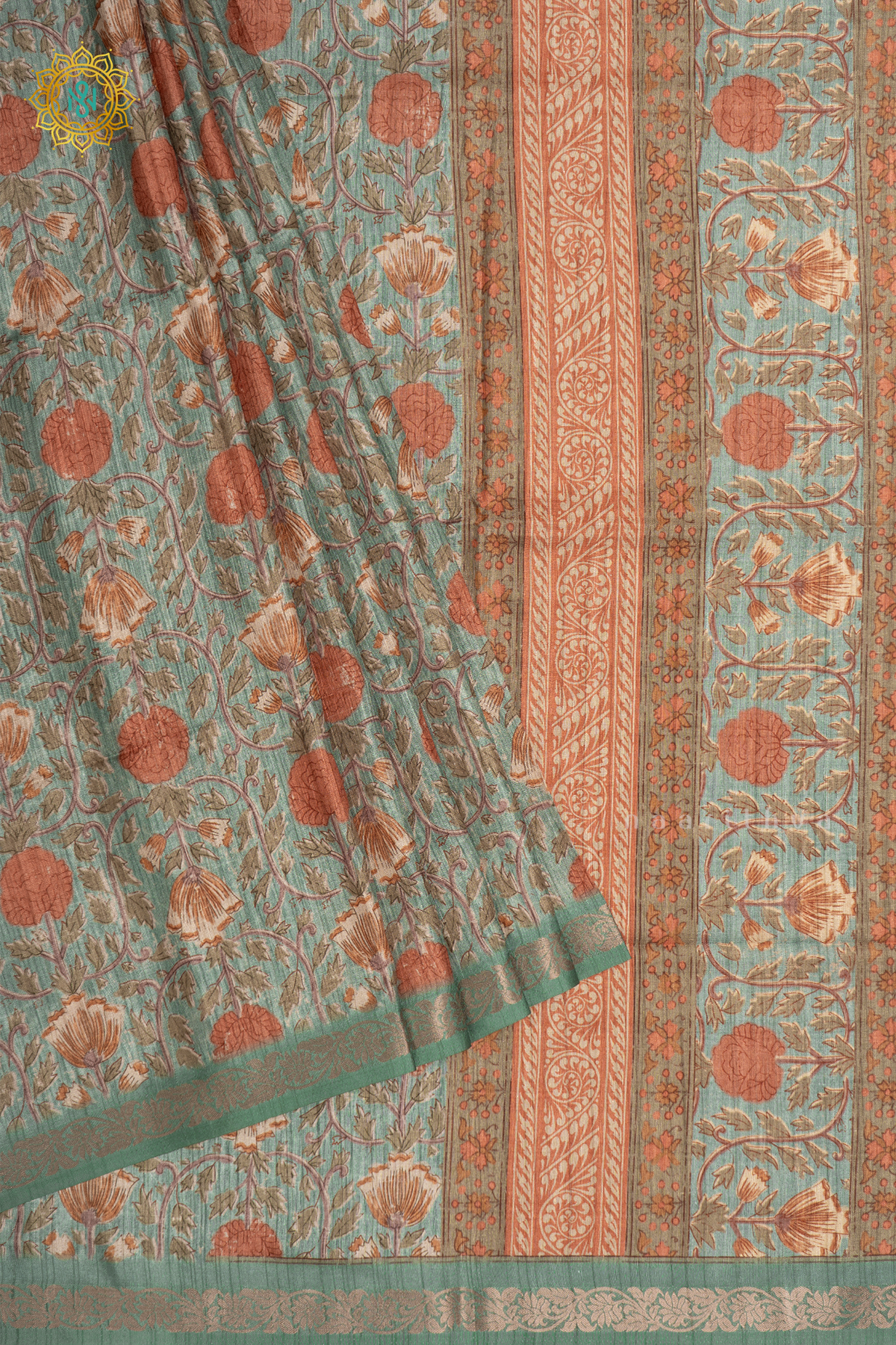 Aqua Green Semi Tussar Silk Saree With Printed Body And Zari Border