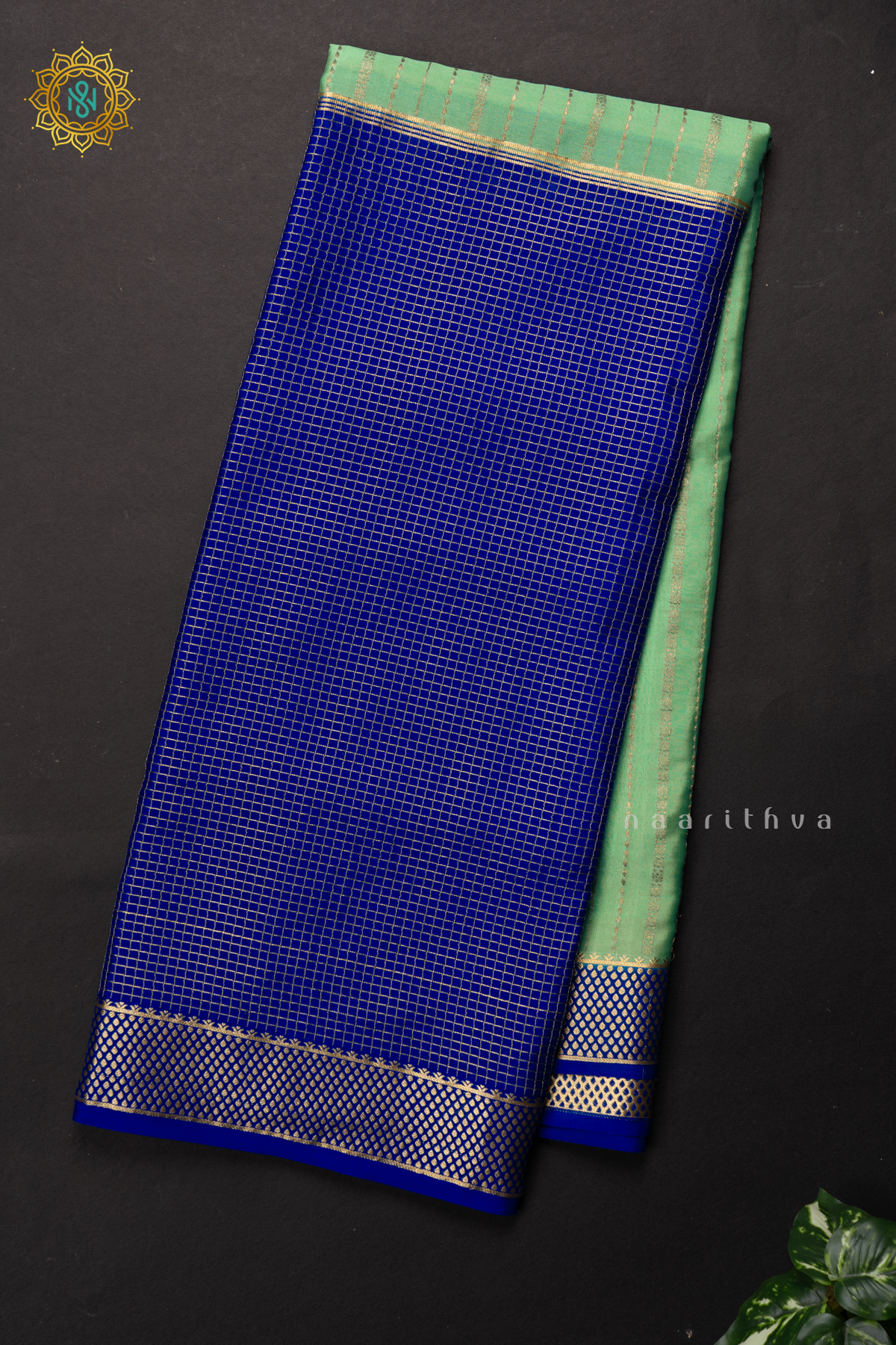 AQUA GREEN WITH ROYAL BLUE - PURE MYSORE CREPE SILK