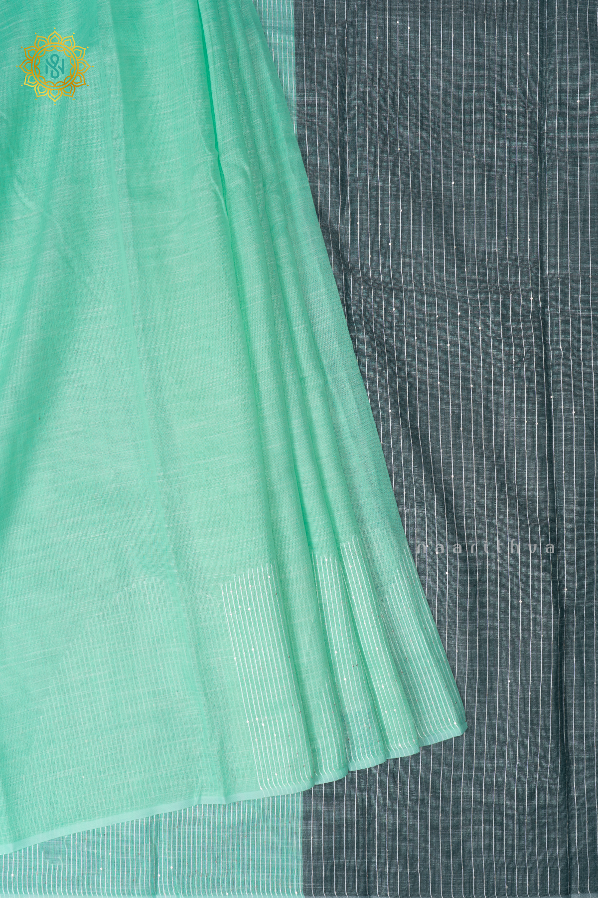 Aqua Green With Grey Linen By Cotton Saree With Contrast Pallu & Blouse