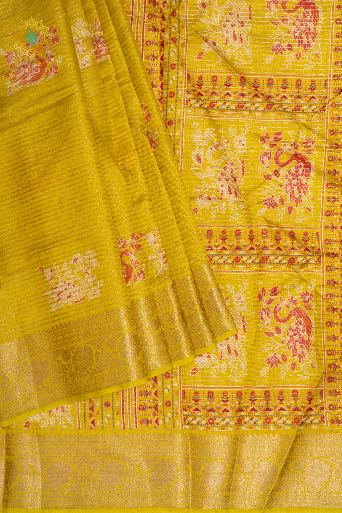 Yellow Dola Silk Saree With Allover Printed Buttas And Zari Stripes With Zari Border
