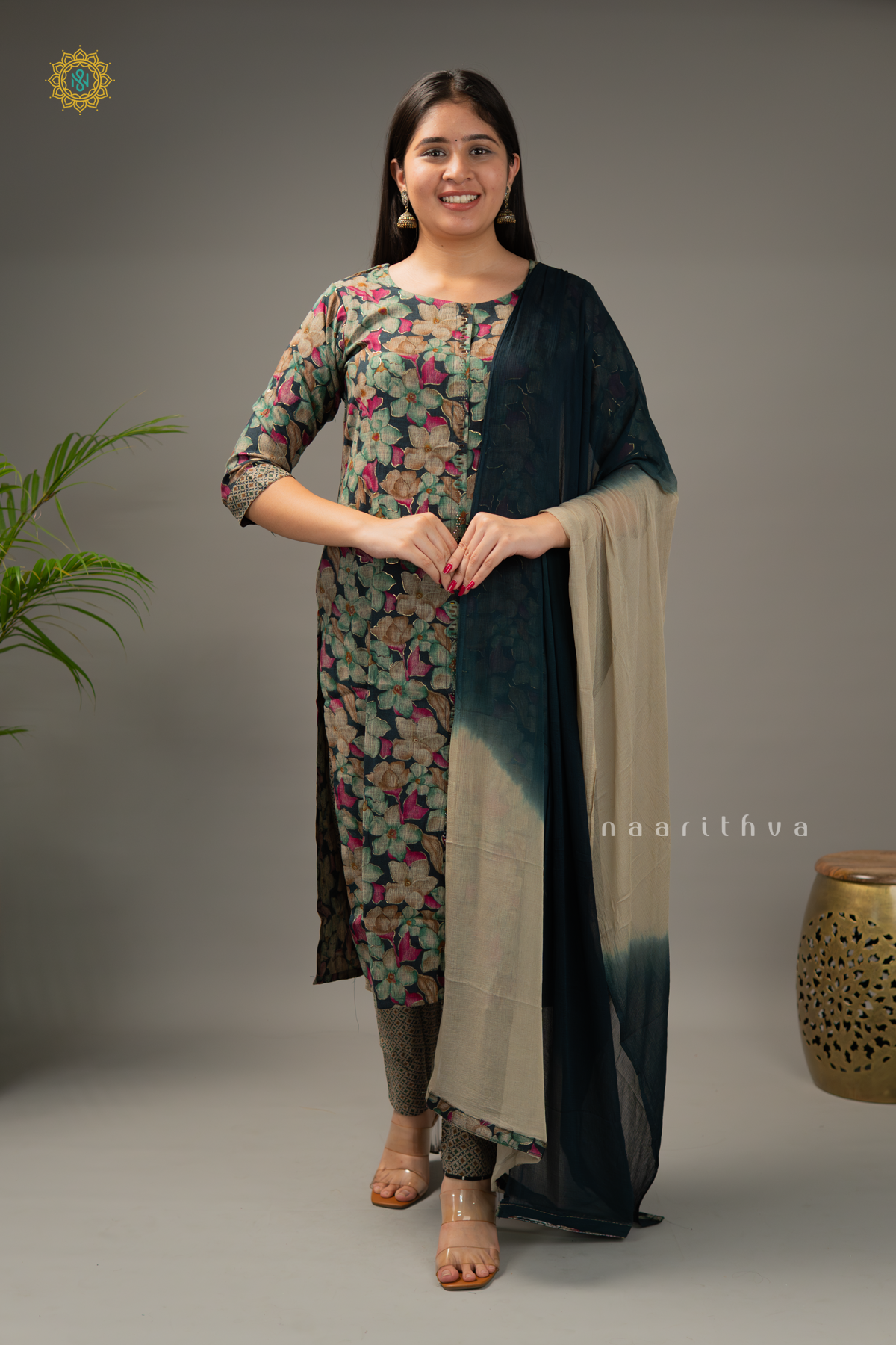 BOTTLE GREEN - COTTON 3PC SALWAR SUIT WITH FLORAL PRINTED TOP, BOTTOM & DUPATTA