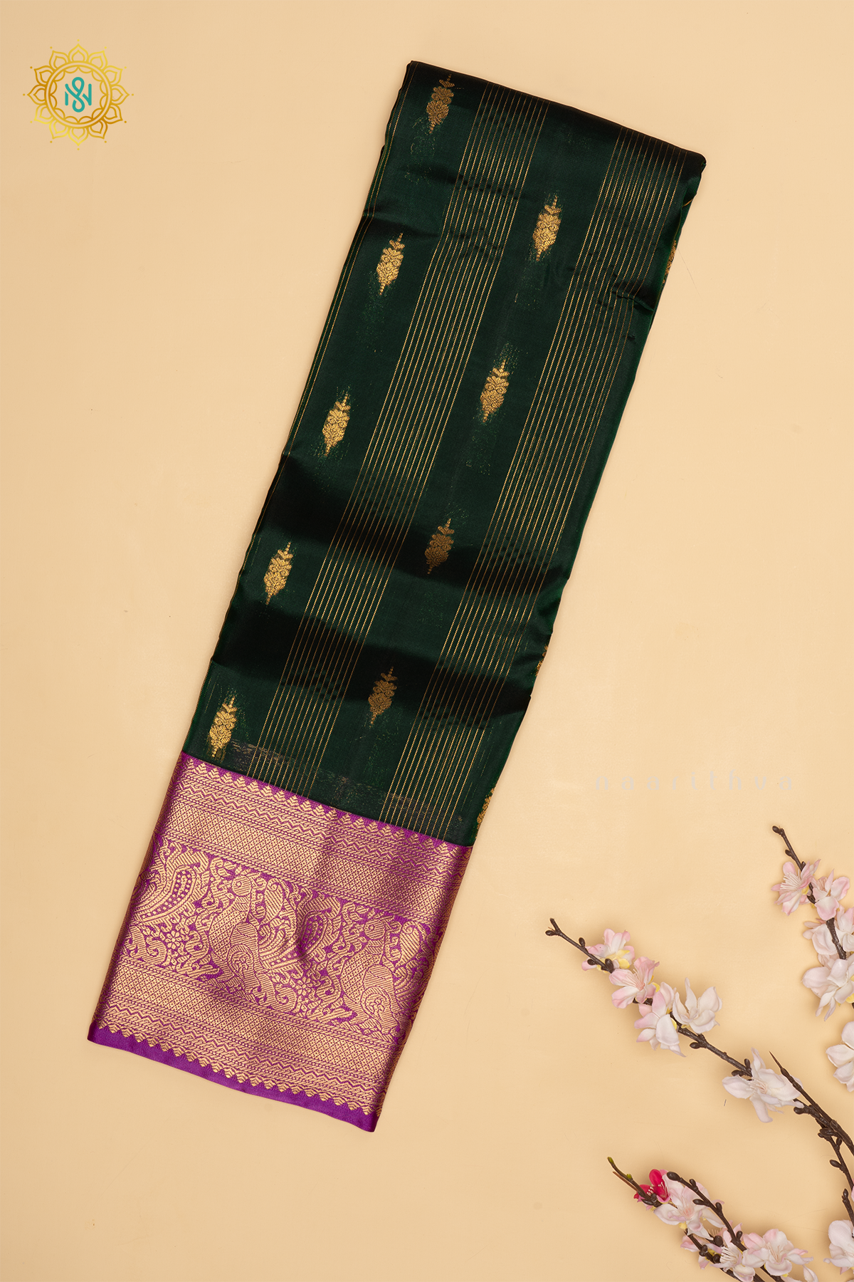 Bottle Green with Magenta Pure Mix Kanjivaram Silk Saree with Zari Woven Stripes, Buttas and Zari Woven Contrast Border