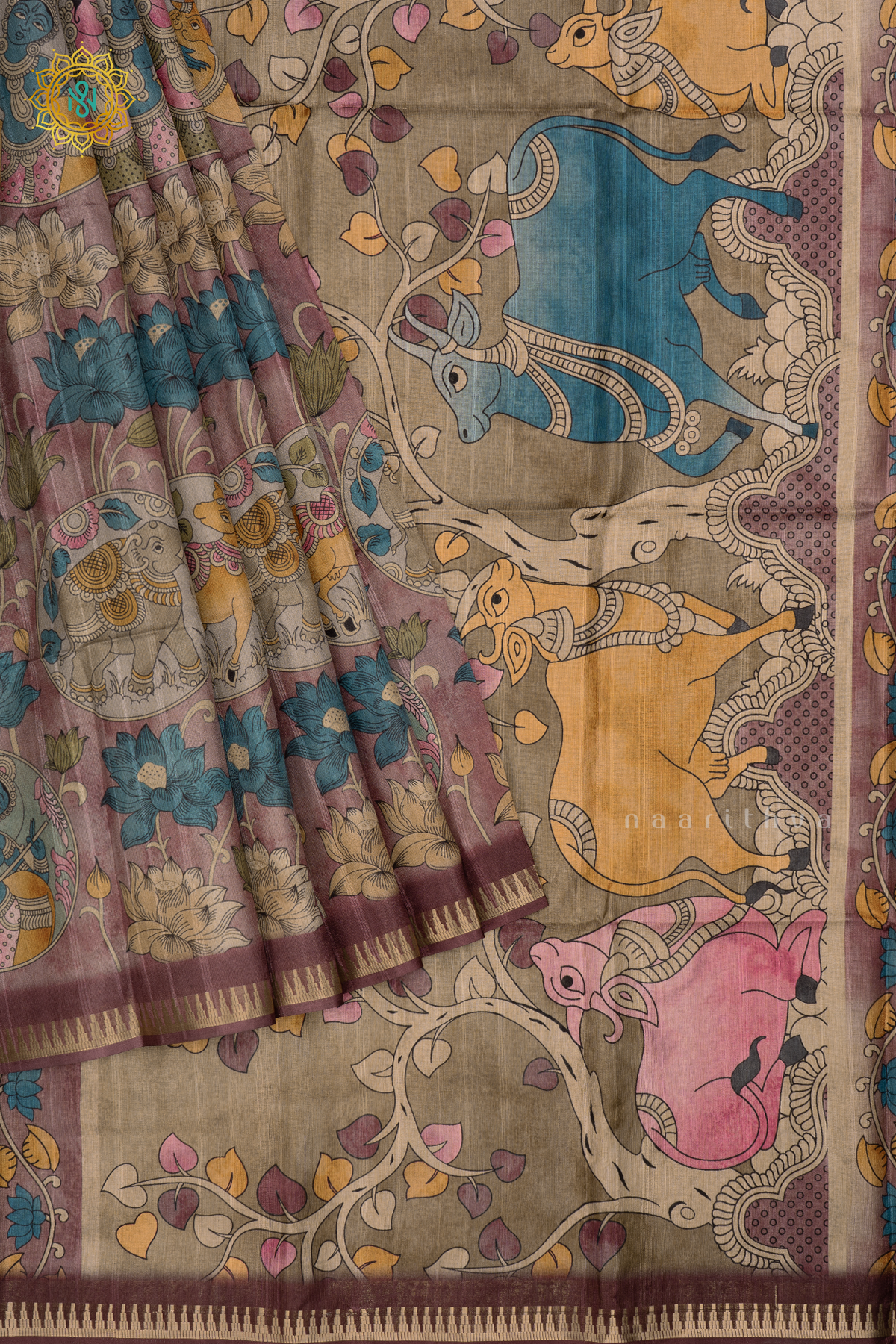 Light Brown Semi Tussar Silk Saree With Kalamkari Prints allover the body,Pallu and Zari Border