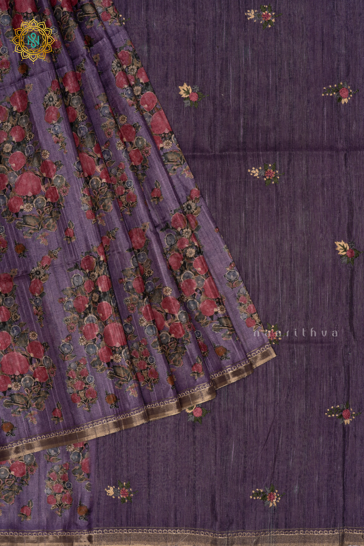 PURPLE - KOTHA TUSSAR SAREE WITH PRINTED BODY, EMBROIDERY WOVEN BUTTAS AND AARI WORK BORDER