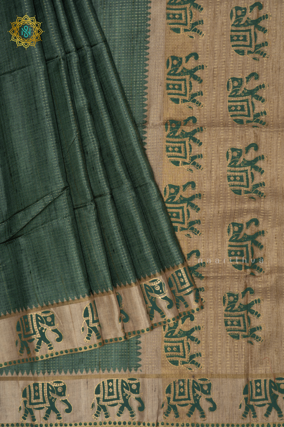 Green With Beige Semi Tussar Silk Saree With Zari Stripes On The Body, Printed Border And Contrast Blouse