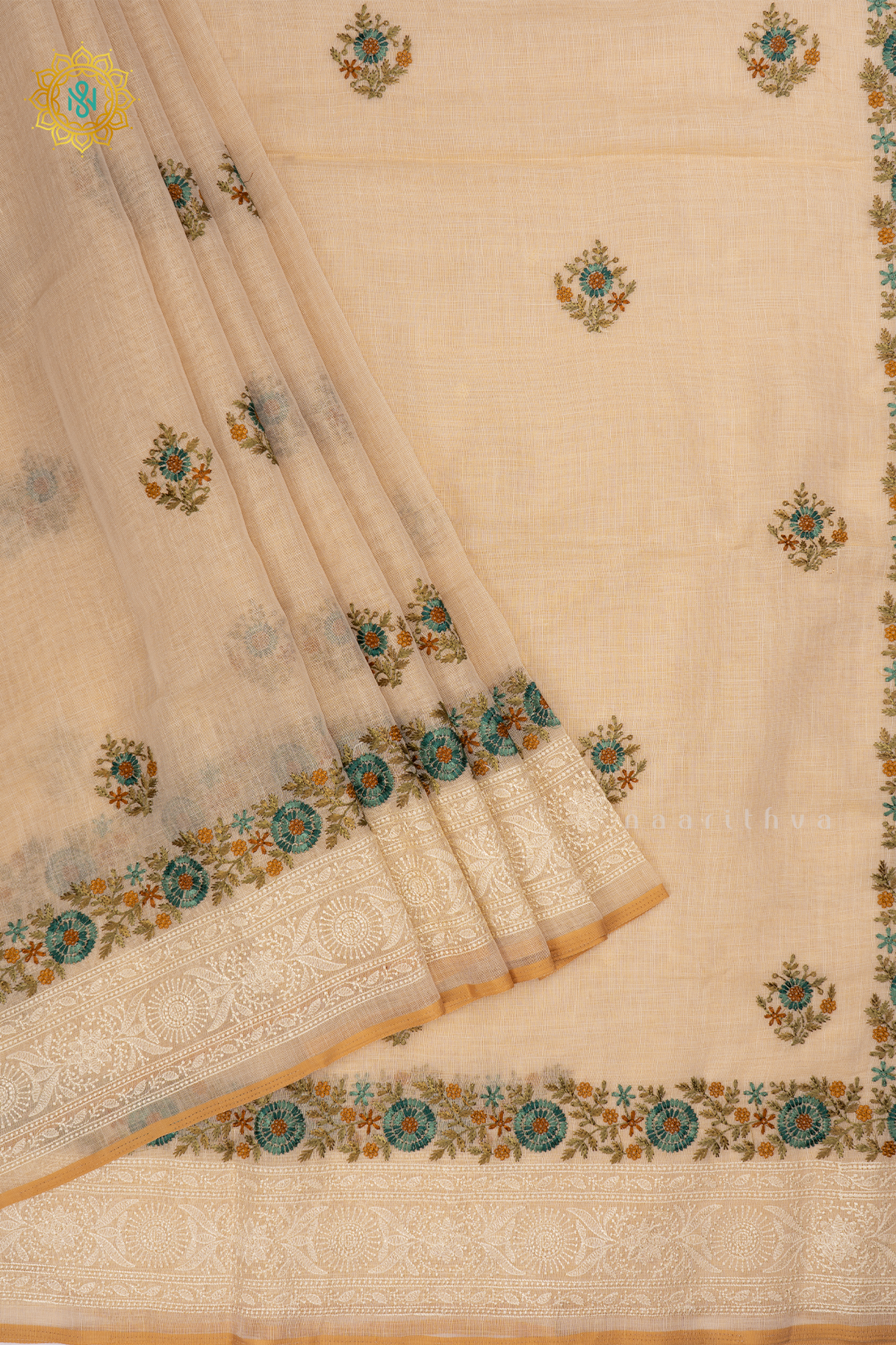 Off white Linen Tissue Saree with All-Over Embroidered Buttas on the Body, Featuring an Embroidery Border and Pallu