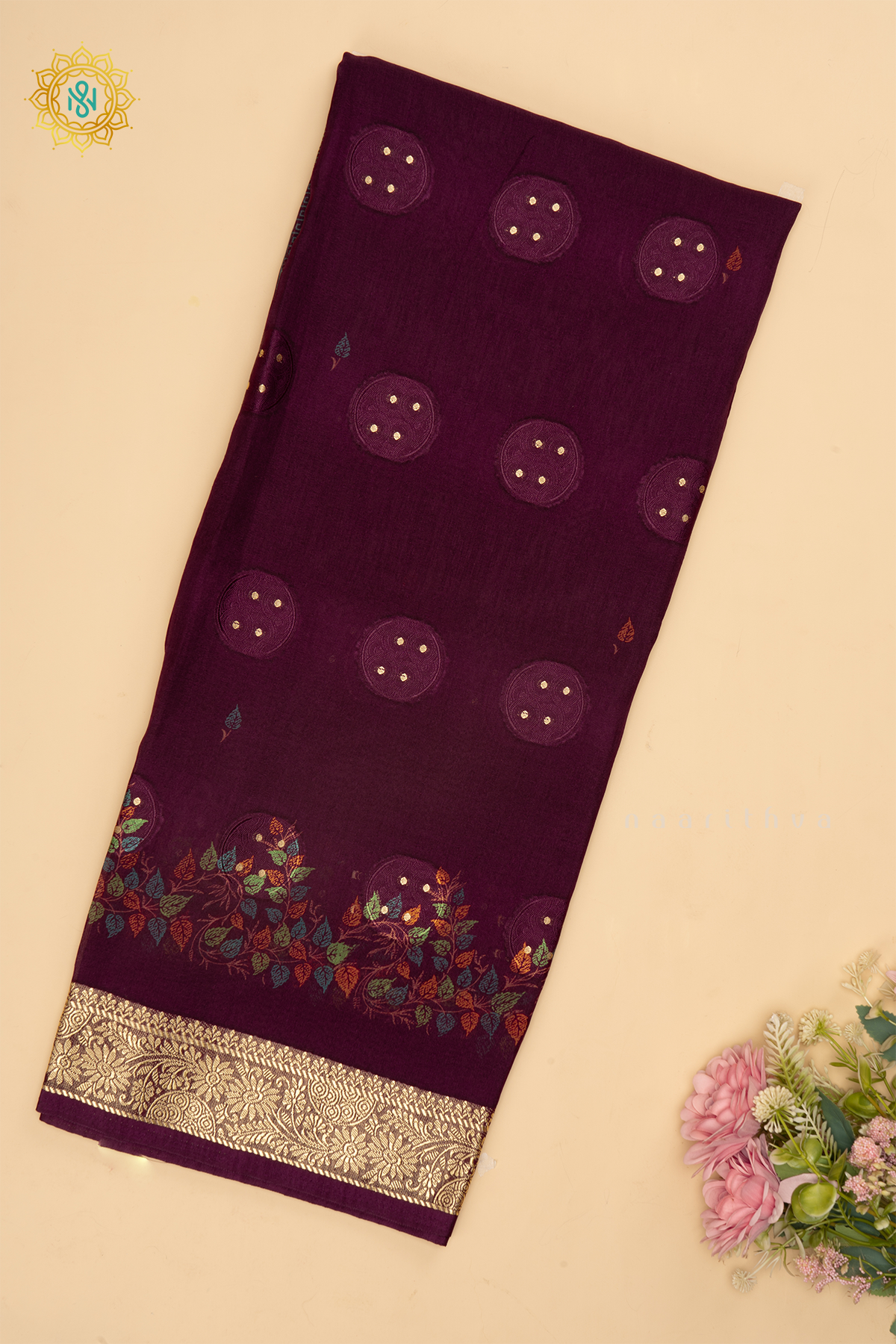 Wine Semi Georgette Saree With Printed Body And Zari Border