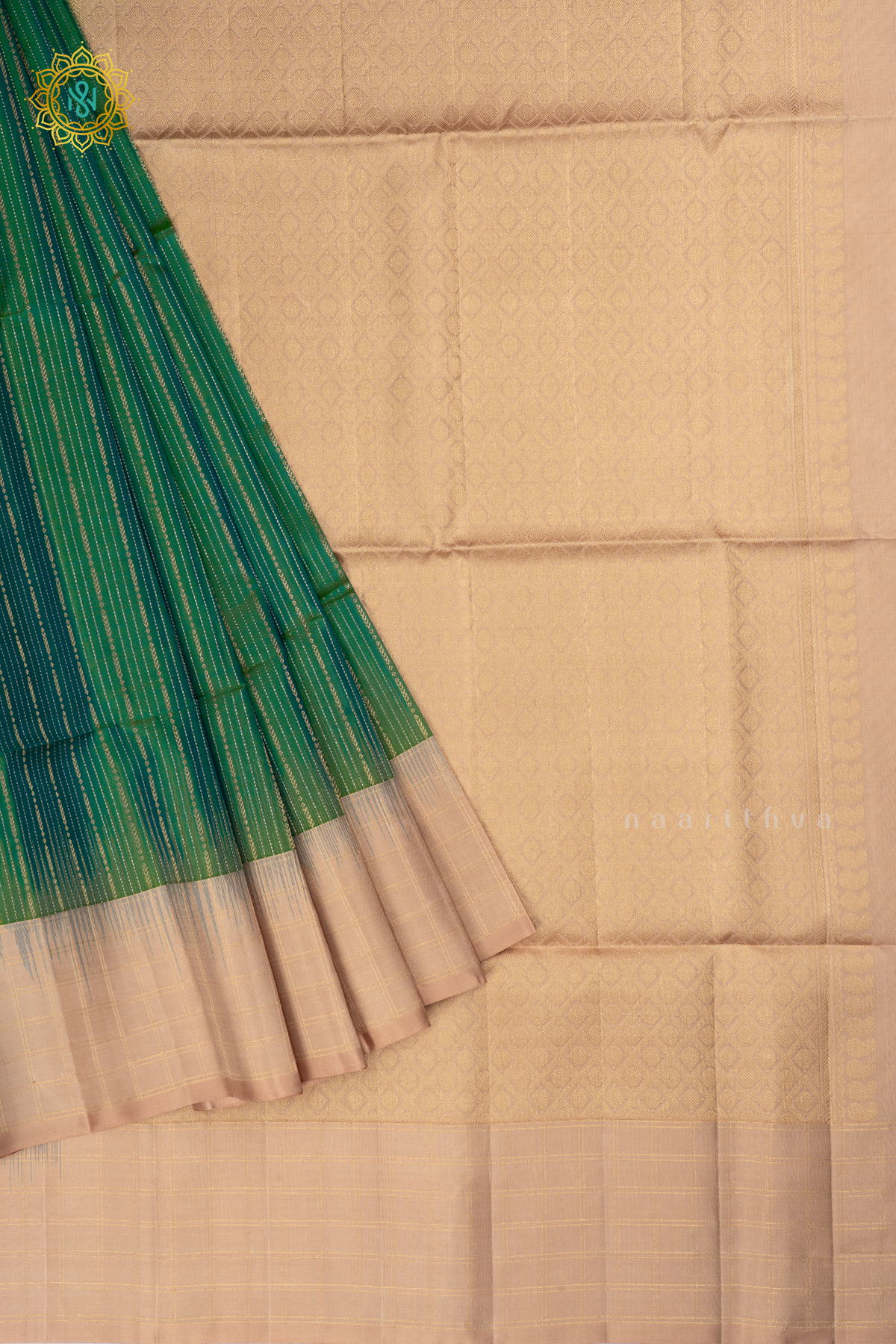 Dual Shade of Aqua Green with Beige Pure Kanjivaram Soft Silk Saree With Allover Zari Stripes and Contrast Zari Checks Border