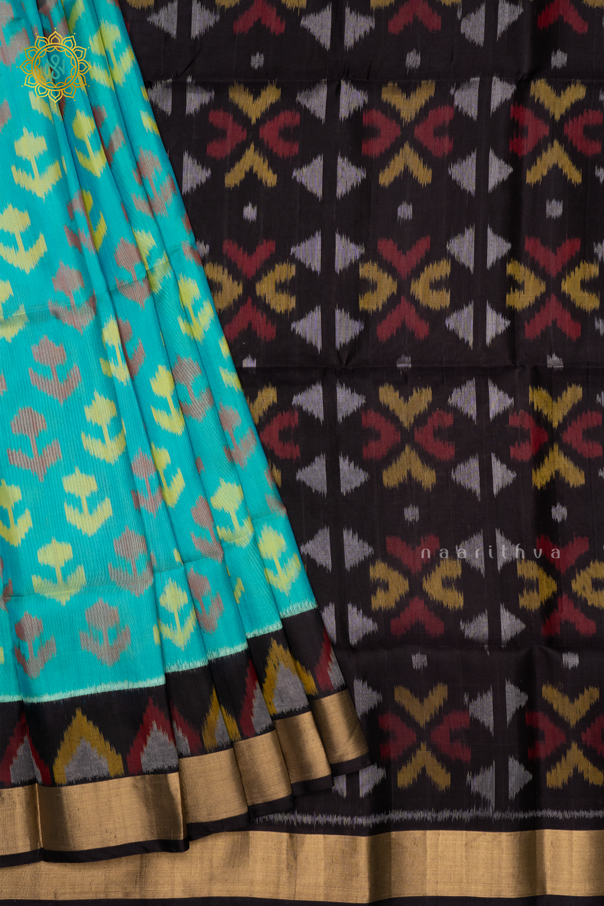 CYAN GREEN WITH BLACK - PURE KANJIVARAM IKAT SOFT SILK