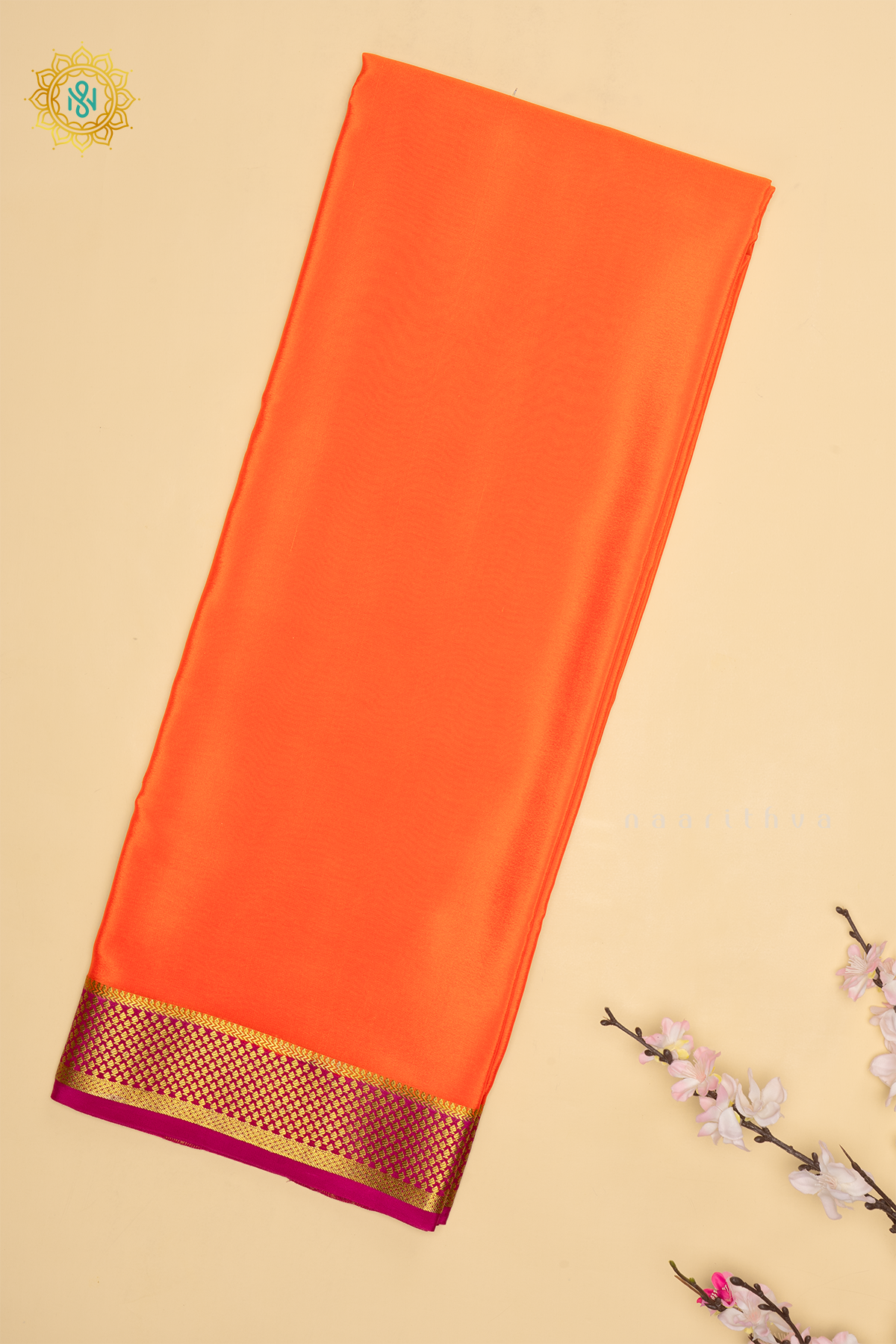 Orange With Magenta Pure Mysore Crepe Silk Saree With Plain Body And Contrast Zari Border