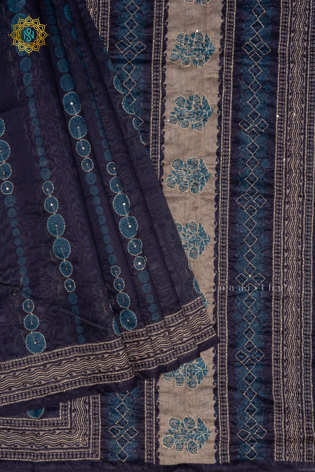 Indigo Chanderi Cotton Saree With Printed Body And Katha Work All Over
