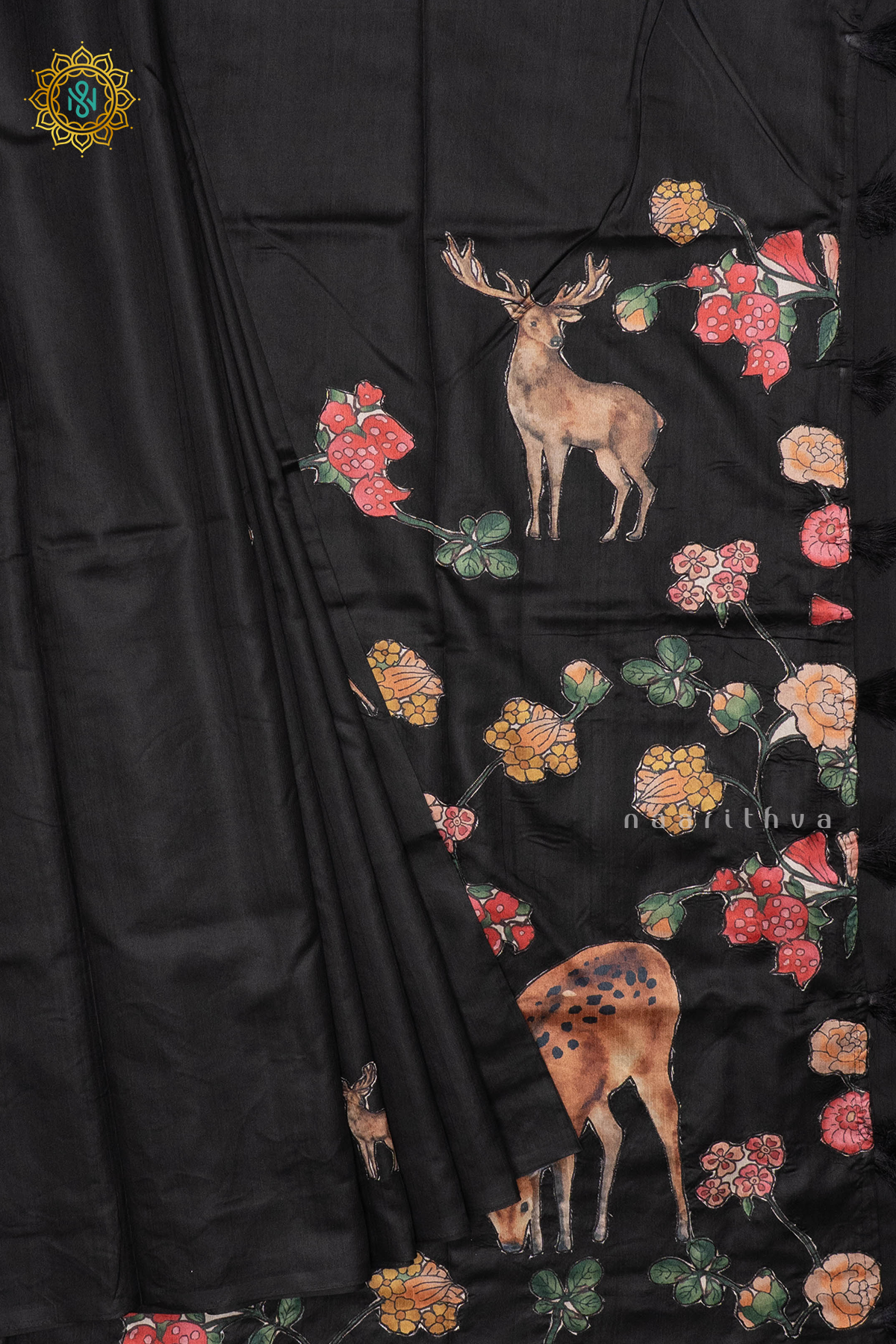 BLACK WITH WHITE - SEMI TUSSAR SILK