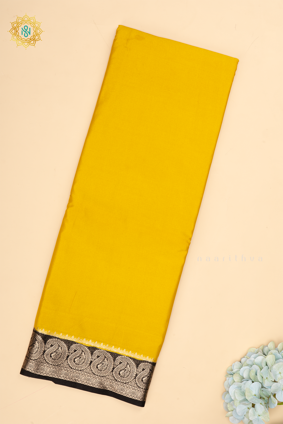 Yellow With Black Semi Mysore Crepe Saree With Plain Body And Contrast Mango Zari Border
